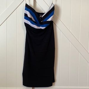 Frederick's of Hollywood Black Strapless Dress with Blue and White Stripes
